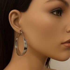 Women Big Chunky Silver Hoop Earrings Bold Statement Style Fashion Jewelry 2.25"